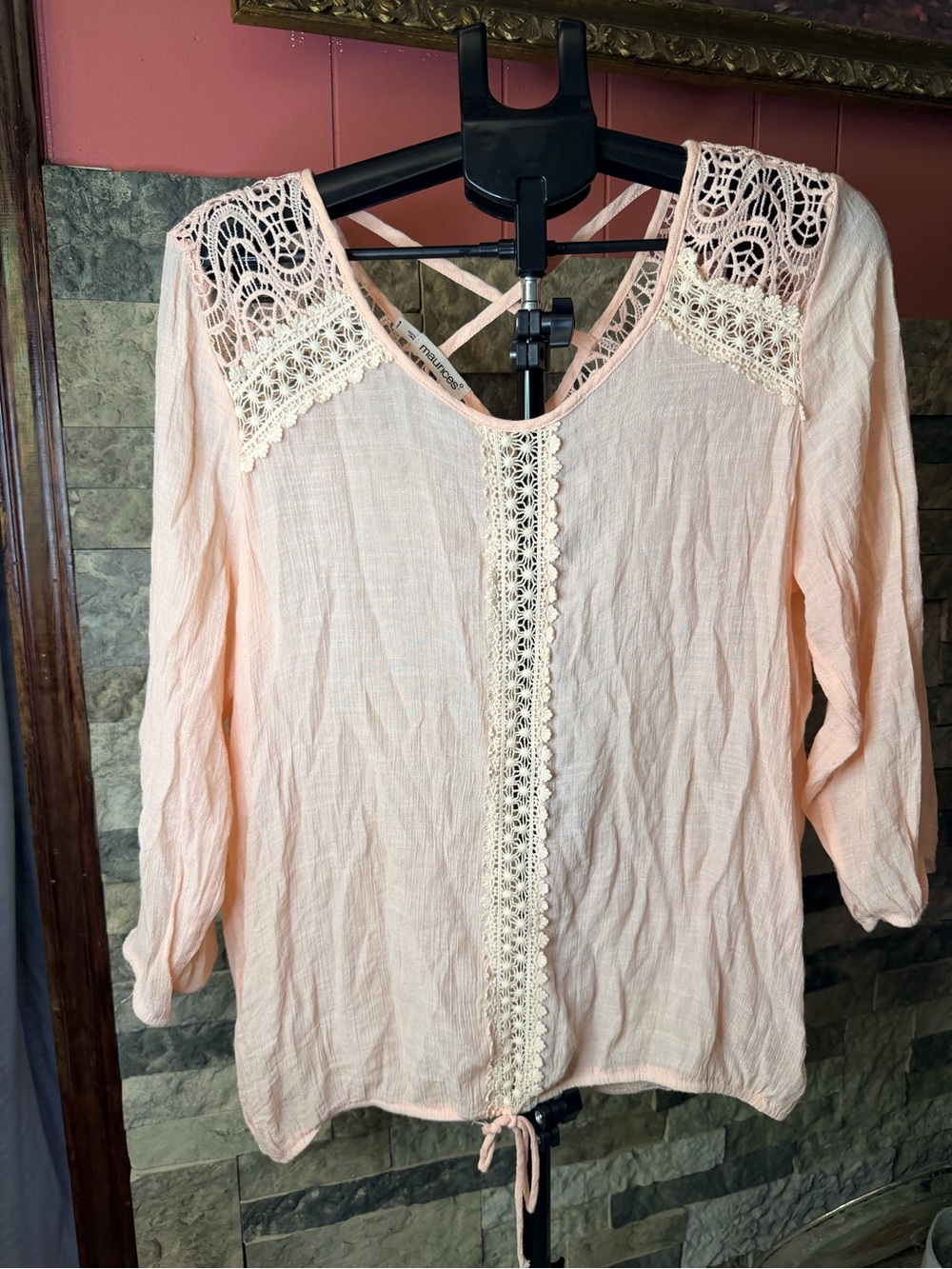 MAURICES Peach Crinkle Knit Crochet Lace Strappy Back Blouse Top Size XL